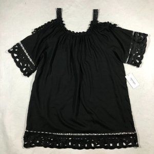 Swimsuits for All Cover Up Womens 14/16 Plus Black Lace Trim Dress Sleeve NEW